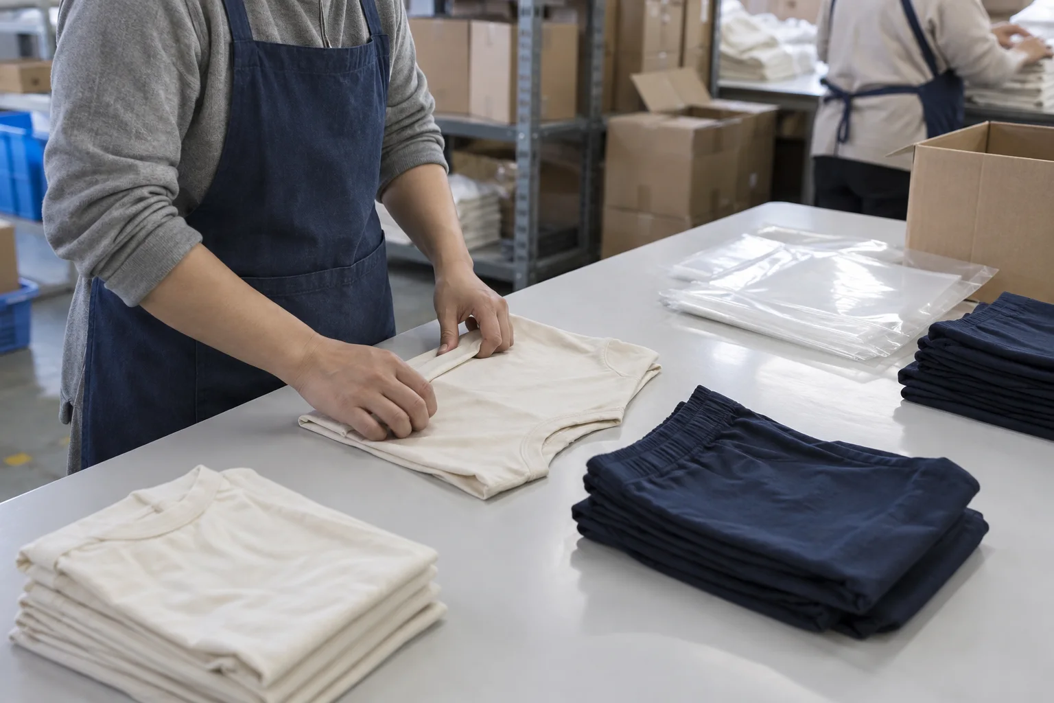 AI illustration of garment folding; not the packing operation from this historical order