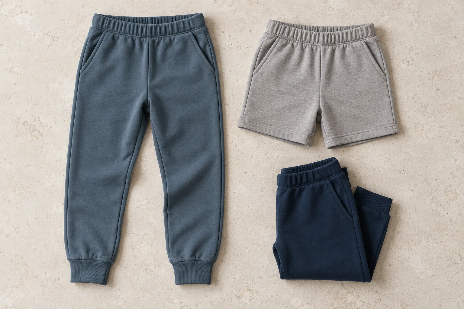 AI illustrations of blue children’s knit pants and grey shorts; not Tianyi samples