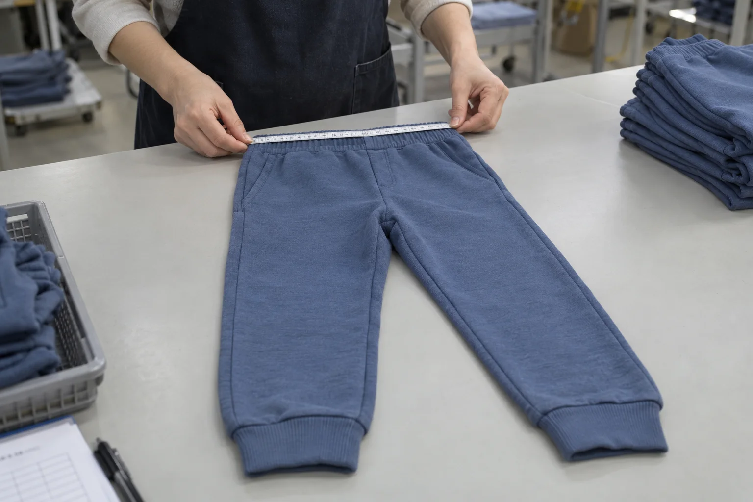 AI illustration of measuring a knit garment during inspection; not a Tianyi quality record