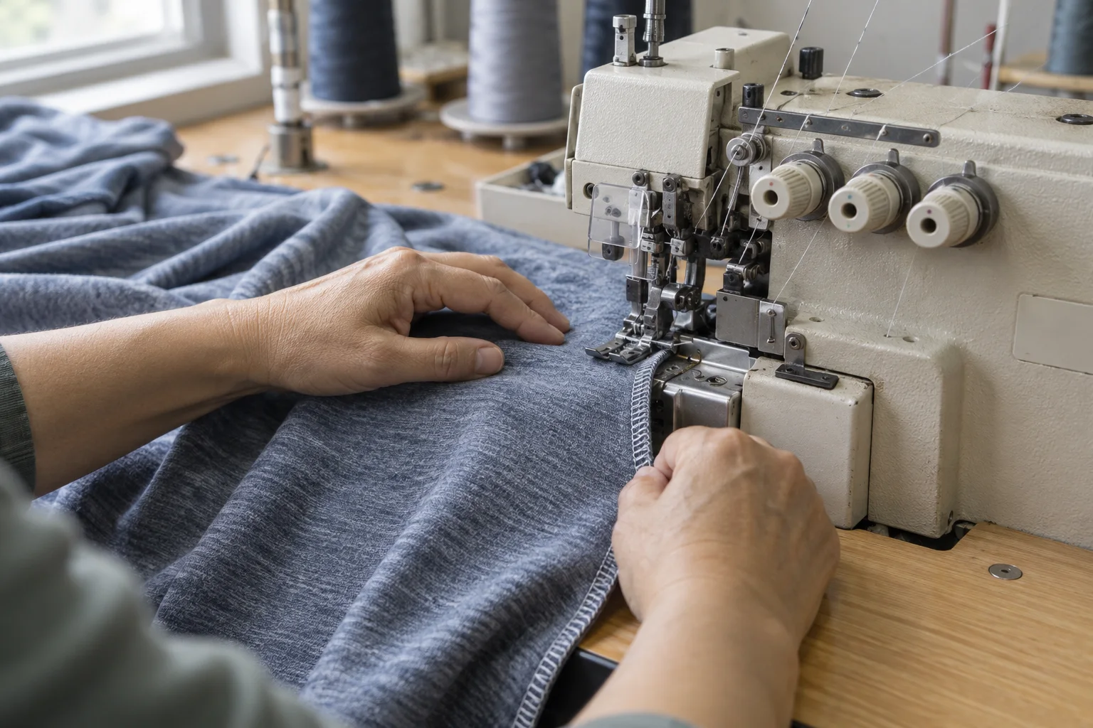 AI illustration of overlock sewing on knit fabric; not Tianyi equipment or workmanship