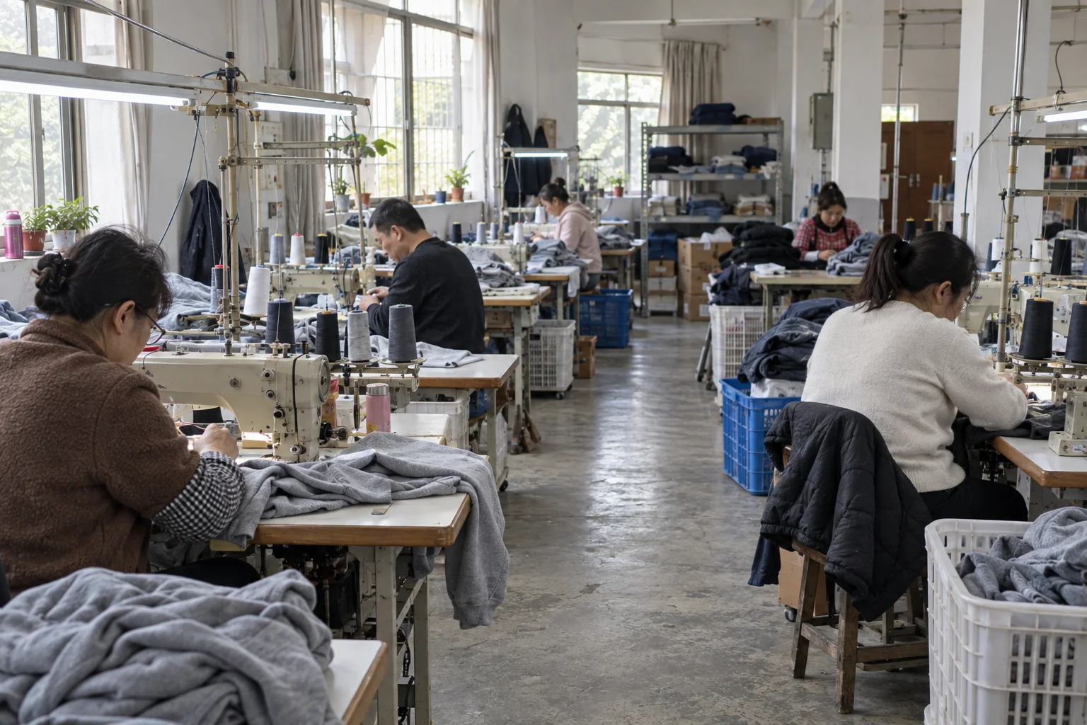 AI illustration of an orderly garment sewing workshop; not the Tianyi factory