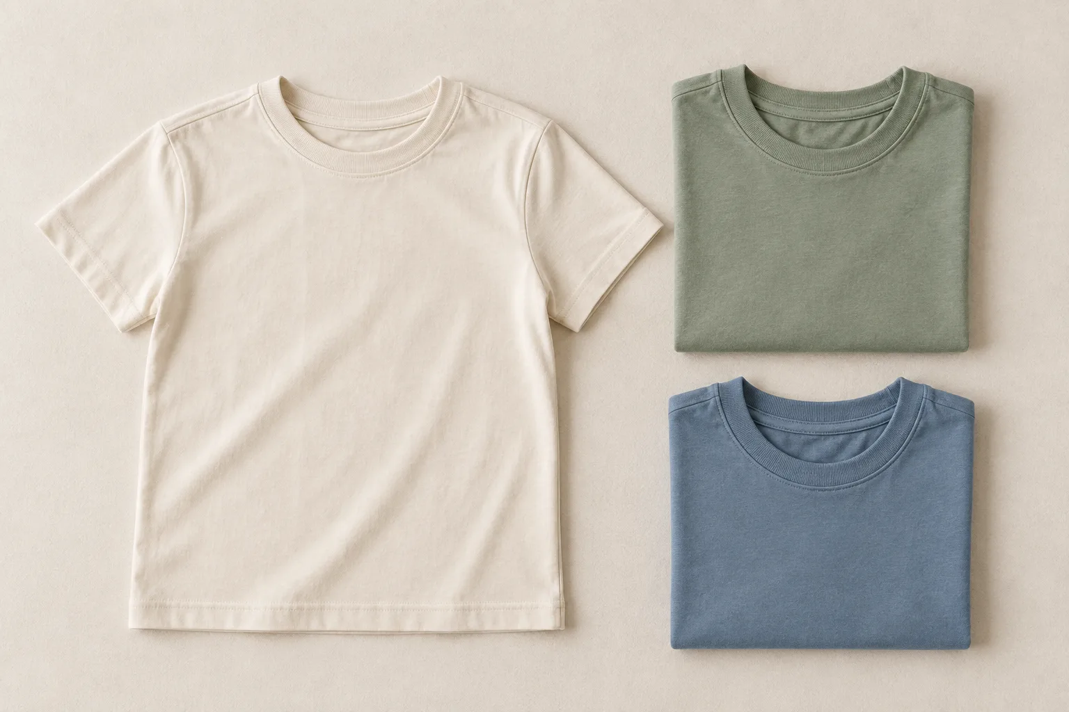 AI illustrations of cream, blue and green children’s T-shirts; not Tianyi samples