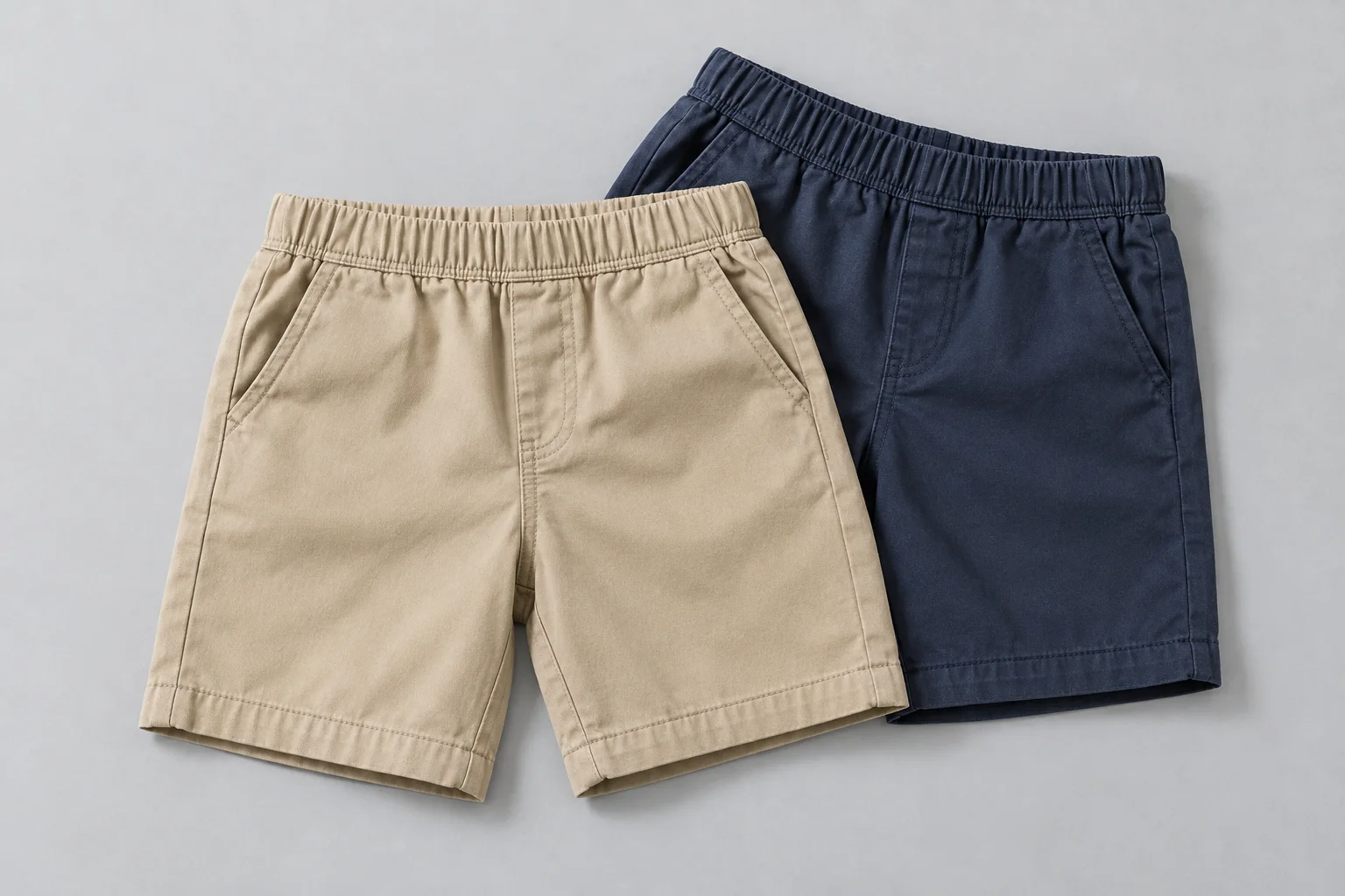 AI illustrations of khaki and navy woven shorts; not Tianyi samples